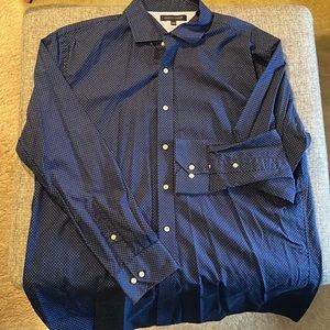 TOMMY HILFIGER navy blue dress shirt with blue dots, size 17.5, 100% cotton